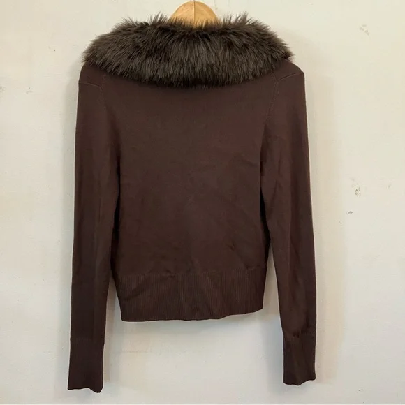 Ann Taylor Loft faux fur collar brown cardigan, size medium - Picture 2 of 4